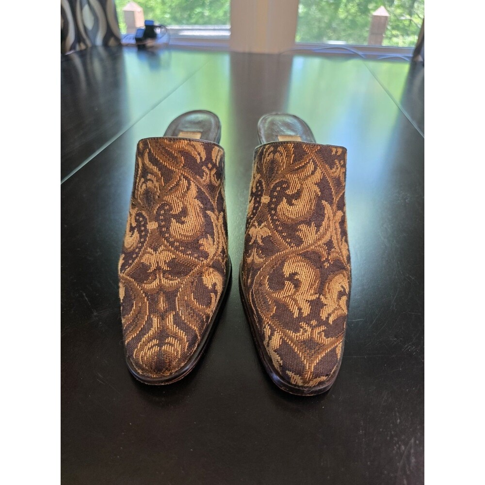 Vintage Matisse Tapestry Mules Gold Brown Brocade Heels Made in Brazil Size 7.5M